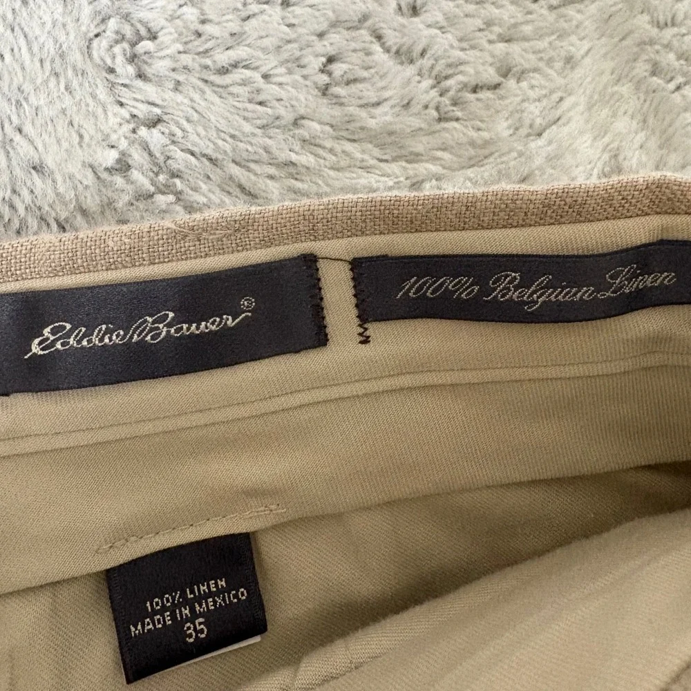 Eddie Bauer Men 100% Belgian Linen Pleated Cuffed Dress Pants 35X32 Tan Beige